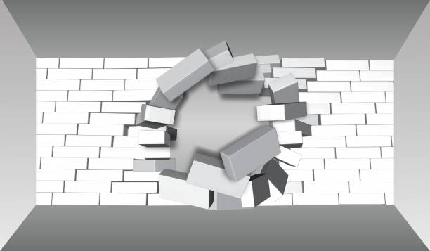 istock Destruction of a Brick Wall. 3D Breaking Brick Wall. Wall Being Smashed or Breaking Apart. Destruction Abstract Background. 696211458