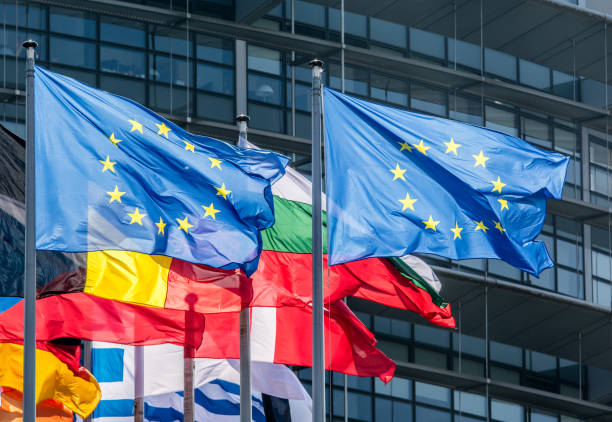 bandeiras da união europeia - european union flag european community brussels europe - fotografias e filmes do acervo