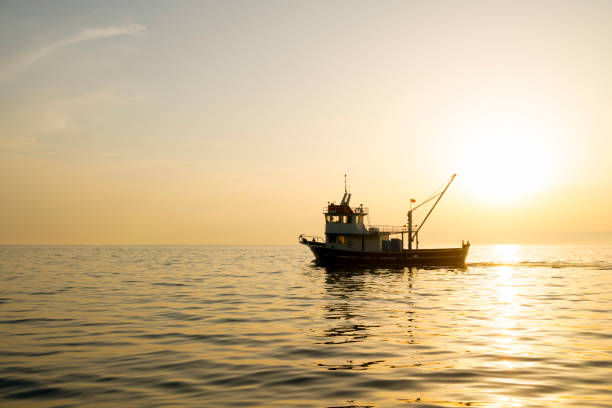 Beautiful seascape with a fishing boat while sunsets at horizon.