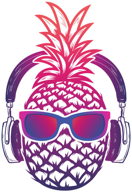 ilustraciones, imágenes clip art, dibujos animados e iconos de stock de piña con beca y auriculares. concepto de verano. ilustración de vector. - tropical climate audio