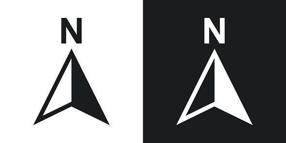 Vector north direction compass icon. Two-tone version on black and white background
