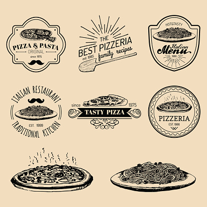 Vector vintage hipster italian food images. Modern pasta and pizza signs or emblems. Hand drawn mediterranean cuisine illustrations. Traditional southern europe meal sketches in ink style.