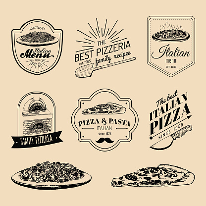 Vector vintage hipster italian food images. Modern pasta and pizza signs or emblems. Hand drawn mediterranean cuisine illustrations. Traditional southern europe meal sketches in ink style.