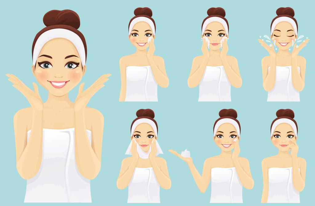 Woman with smiling face care set illustrations