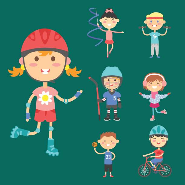 ilustrações de stock, clip art, desenhos animados e ícones de young kids sportsmens future roller skates gymnastics children sport players vector illustration - ice hockey roller hockey child childhood