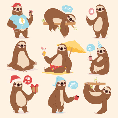 Laziness sloth lazy-bones sluggard animal character different pose like human cute lazy cartoon kawaii and slow down wild jungle mammal flat design vector illustration. Cheerful wildlife forest happy