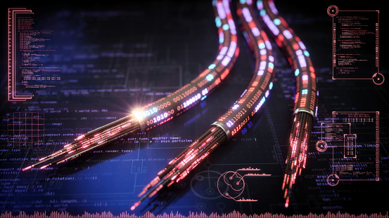 An abstract 3D design with a bunch of fiber optic cables lying on a surface. The surface contains source code of a program, while the image is overlaid with various widgets containing bits of information in form of a transparent Heads Up Display (HUD). The image represents a generalized IT concept pertaining to computing, data manipulation and data transmission.