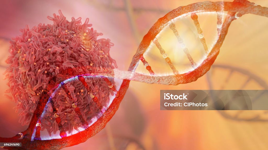 DNA strand and Cancer Cell DNA strand and Cancer Cell Oncology Research Concept 3D rendering DNA Stock Photo