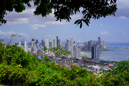 Top view of Panama City with its skyscrapers from Ancon hill, the highest hill in Panama City. To the view point there is 30 min. hiking through remains of with city isolated Jungle. In front is green jungle and on top of photo is blue sky with white clouds. Panama City is the financial and shipping hub of Central America.