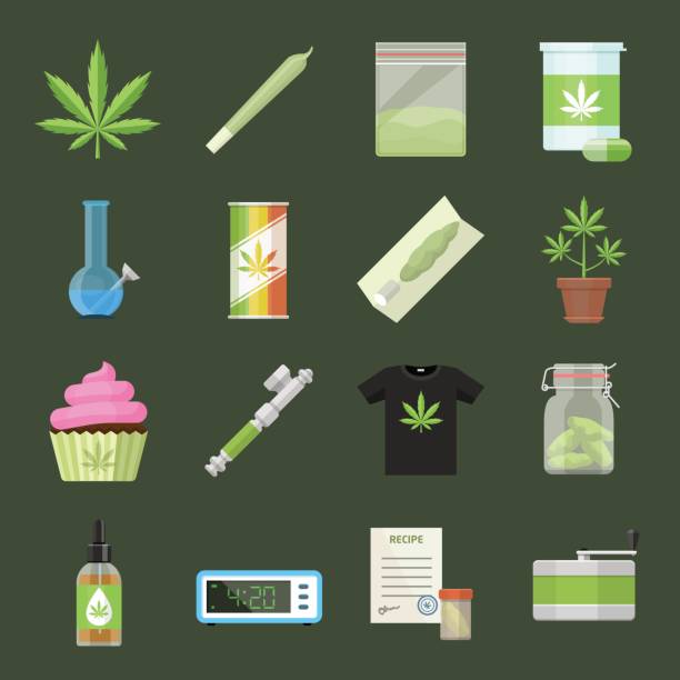 Marijuana equipment and accessories for smoking, storing and growing medical cannabis. Colorful ganja rastafarian vector icon set in cartoon flat style Marijuana equipment and accessories for smoking, storing and growing medical cannabis. Colorful ganja rastafarian vector icon set in cartoon flat style bong stock illustrations