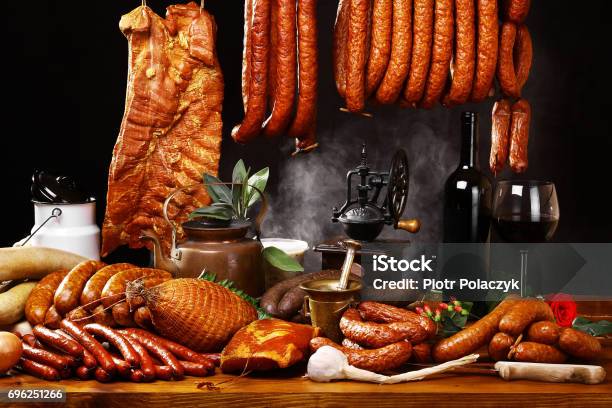 Country Table With Meat And Wine Stock Photo - Download Image Now - Alcohol - Drink, Bacon, Banquet