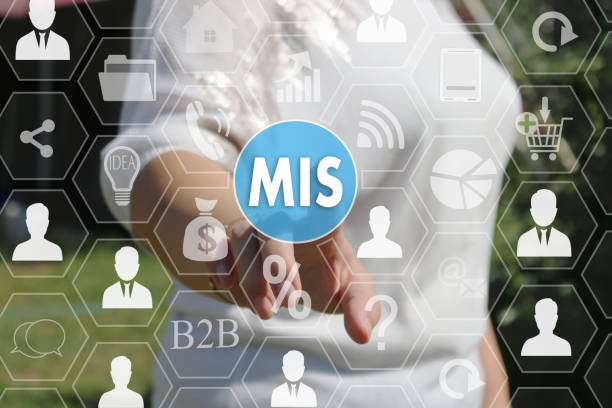 istock Businesswoman pushing button MIS, Management Information System on the touch screen 696251668