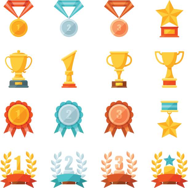 ilustrações, clipart, desenhos animados e ícones de negócios de desenho animado e prêmios de desporto e troféu ilustração definido, ícones coloridos vector plana de medalhas de ouro, bronze e prata, copos e taças, prêmio e realização de conceito - competition ribbon second place first place