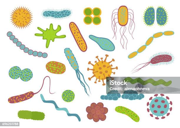 Ilustración de Iconos De Bacterias Y Gérmenes De Diseño Plano Establecen Aislado Sobre Fondo Blanco y más Vectores Libres de Derechos de Bacteria