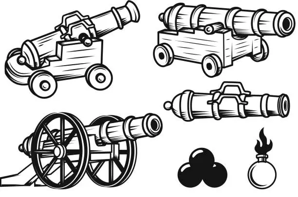 Vector illustration of Set of ancient cannons illustrations. Design elements for label, emblem, sign, badge. Vector illustration