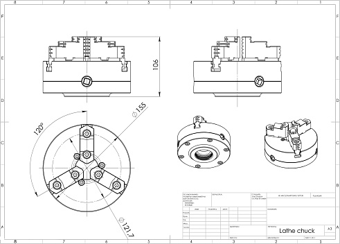 3d rendering of lathe chuks above engineering drawing