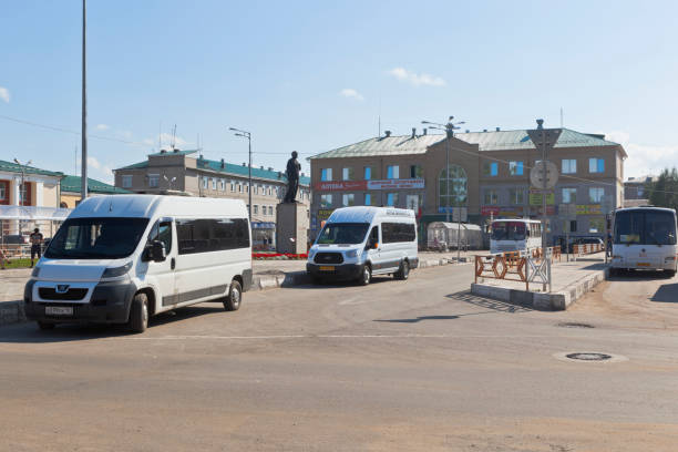 Public transport stop on the station square in Kotlas, Arkhangelsk region Kotlas, Arkhangelsk region, Russia - August 12, 2016: Public transport stop on the station square in Kotlas kotlas stock pictures, royalty-free photos & images