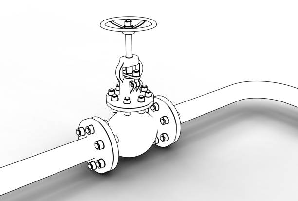 3d rendering of gas valve with pipes - flange screw isolated metal imagens e fotografias de stock