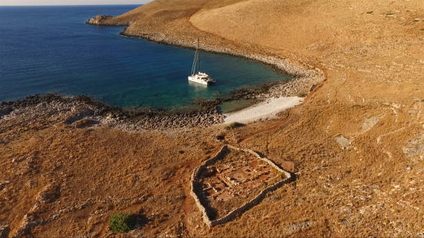 Aerial drone photo of Cape Matapan or Tainaro in Mani area, Peloponnese, Lakonia, Greece stock photo
