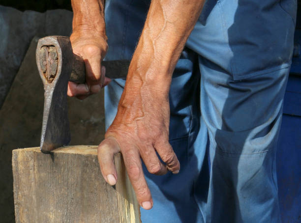 istock The worker, a man with an ax chopping firewood . Employee . 696258012