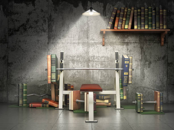 concept of education. training apparatus with books as barbells. training your mind. 3d illustration - detent imagens e fotografias de stock