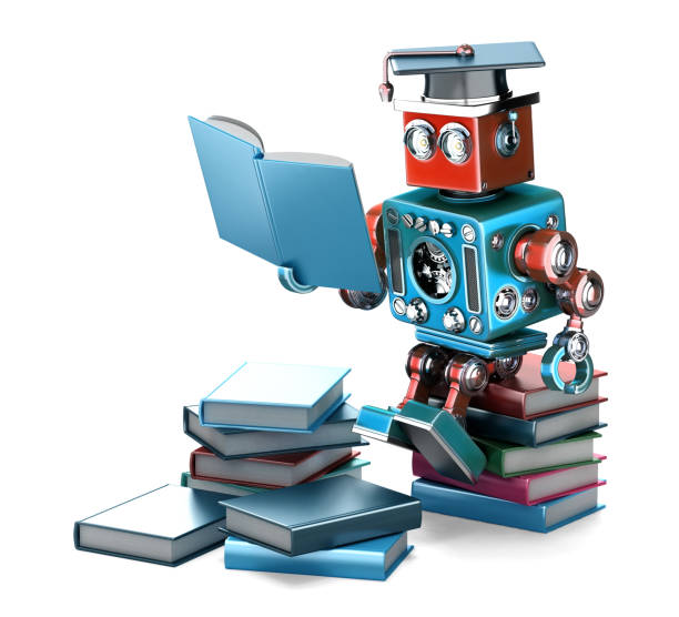 istock Vintage Robot reading books. Education concept. Isolated. Contains clipping path 696265650
