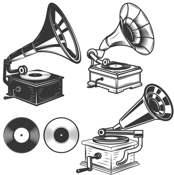 satz von gramophone illustrationen auf weißem hintergrund. design-elemente für label, wahrzeichen, zeichen. vektor-illustration - grammophon stock-grafiken, -clipart, -cartoons und -symbole