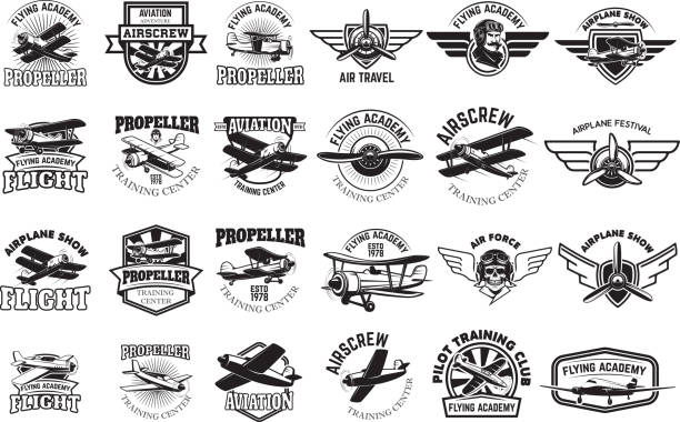 Set of airplane training center emblems. Design elements for label, emblem, sign. Vector illustration.