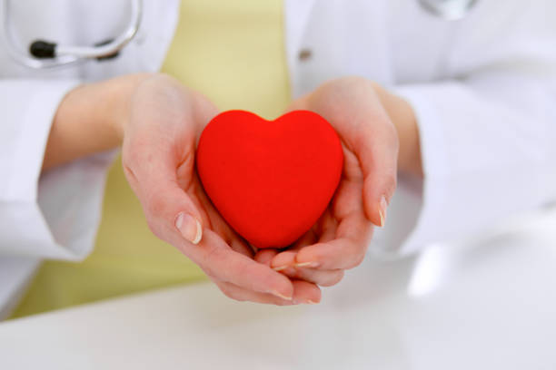 istock Female doctor with stethoscope holding heart. 696277152