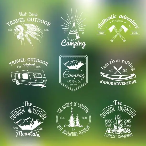Vector illustration of Vector set of camping badges. Tourism emblems. Signs collection of outdoor adventures with Indian elements.