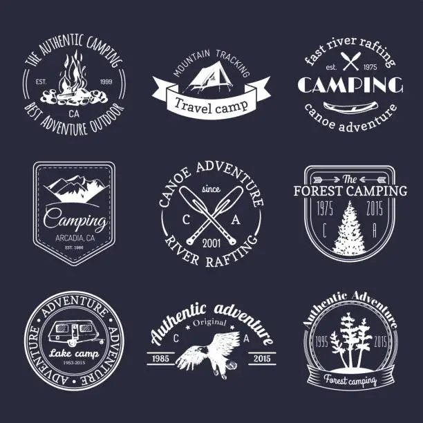 Vector illustration of Vector set of camping badges. Tourism emblems. Signs collection of outdoor adventures with Indian elements.