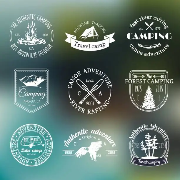 Vector illustration of Vector set of camping badges. Tourism emblems. Signs collection of outdoor adventures with Indian elements.