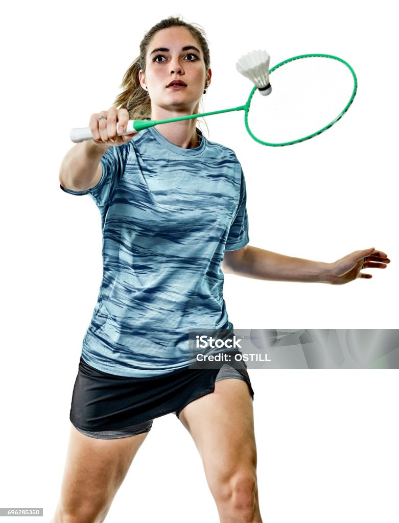 young teenager girl woman Badminton player isolated one caucasian young teenager girl woman playing  Badminton player isolated on white background Badminton - Sport Stock Photo