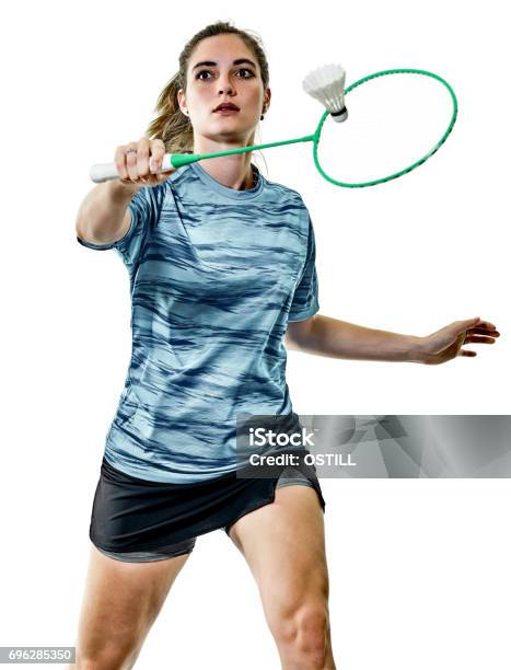 Young Teenager Girl Woman Badminton Player Isolated Stock Photo - Download Image Now