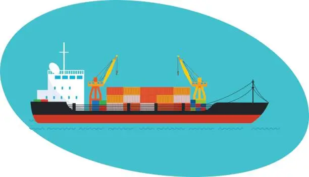 Vector illustration of Commercial and passenger cargo ship, with cargo on board