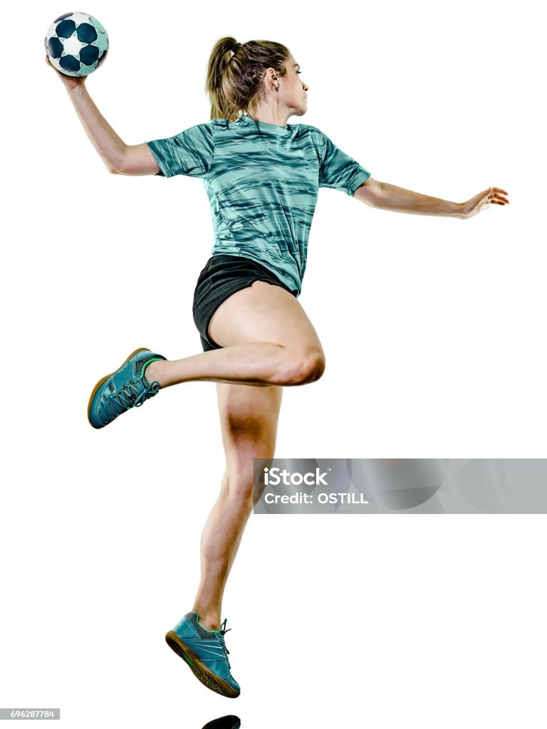 jugador de balonmano de mujer joven adolescente chica aislada - Foto de stock de Falta de mano libre de derechos