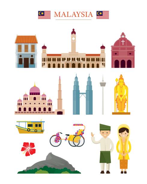 illustrazioni stock, clip art, cartoni animati e icone di tendenza di set di oggetti edificio dell'architettura dei punti di riferimento della malesia - asia travel traditional culture people