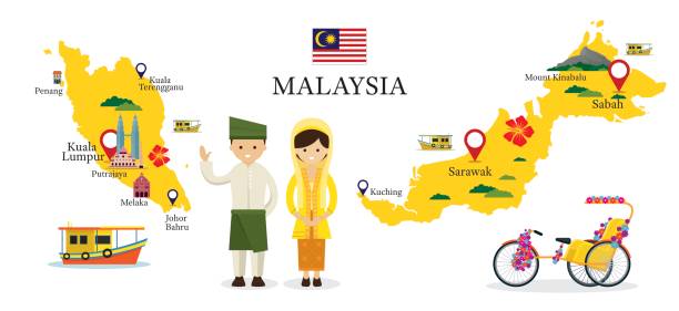 Malaysia Map and Landmarks with People in Traditional Clothing Culture, Travel and Tourist Attraction island of borneo stock illustrations