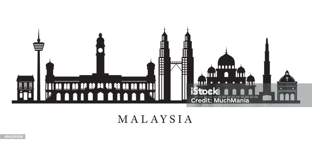 Malaysia Landmarks Skyline in Black and White Silhouette Cityscape, Travel and Tourist Attraction Malaysia stock vector