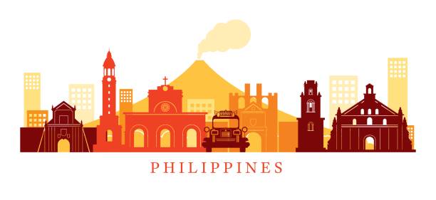 Philippines Architecture Landmarks Skyline, Shape Cityscape, Travel and Tourist Attraction national capital region philippines stock illustrations