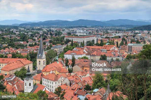 Aerial View Of Ljubljana The Capital Of Slovenia Stock Photo - Download Image Now - Capital - Architectural Feature, Capital Cities, Castle