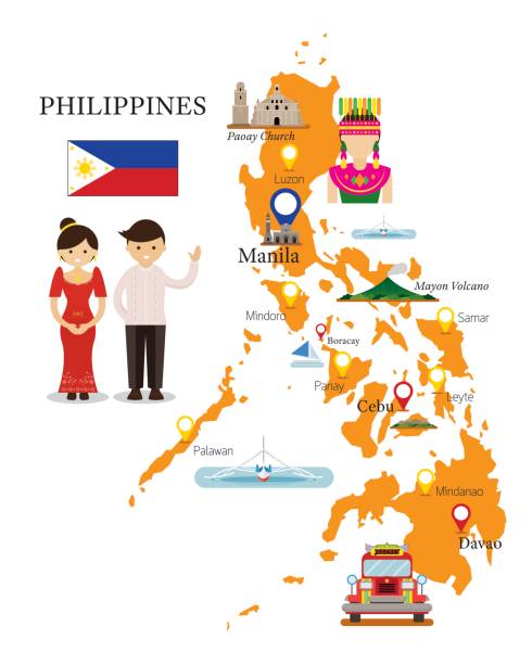 필리핀 지도 및 전통적인 의류에서 사람들과 랜드마크 - jeepney stock illustrations