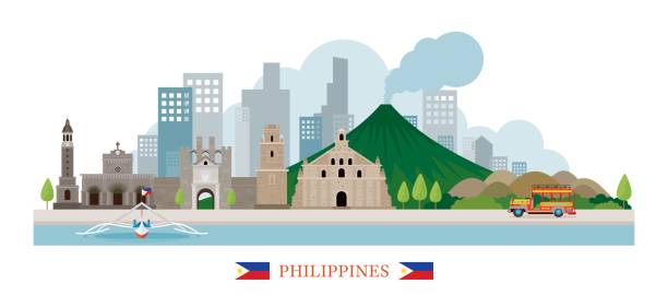 филиппины ориентиры скайлайн - manila cathedral stock illustrations