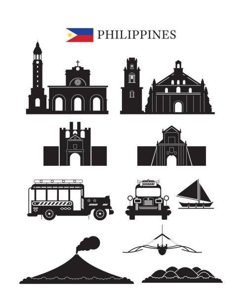 ilustraciones, imágenes clip art, dibujos animados e iconos de stock de conjunto de filipinas monumentos arquitectura edificio objeto - manila cathedral