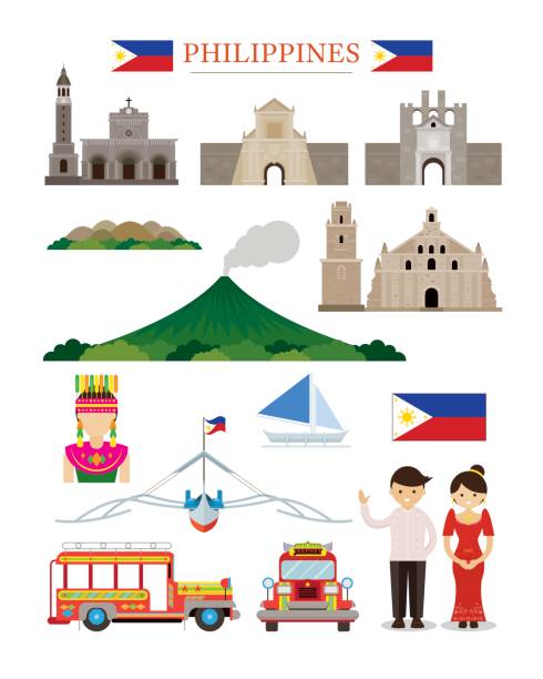 illustrazioni stock, clip art, cartoni animati e icone di tendenza di set di oggetti edificio dell'architettura dei punti di riferimento delle filippine - filippine