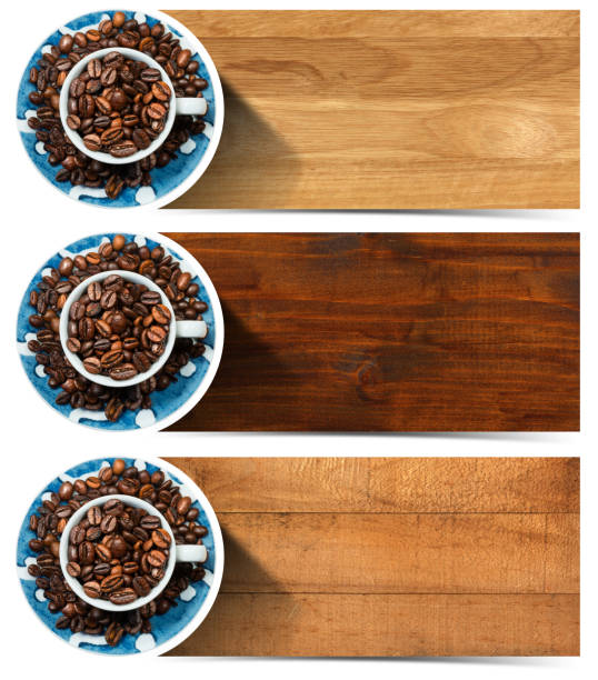 Three horizontal web banners with roasted coffee beans, copy space and a cup. Isolated on a white background