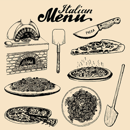 Hand sketched italian menu. Cuisine signs. Vector set of drawn mediterranean food elements with lettering. Traditional southern europe meal and drink in ink style.