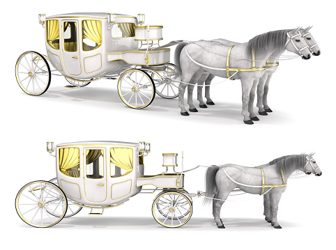 Carriage drawn by two white horses. Set of 3d images. Isolated on white.