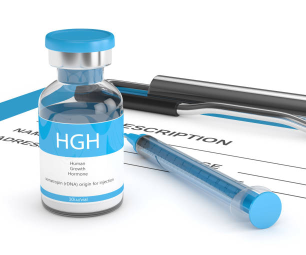 3d render of HGH vial with syringe on clipboard stock photo