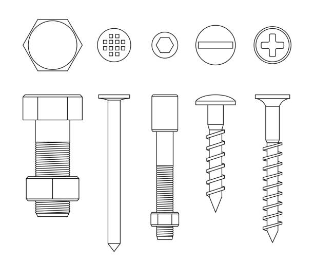 Screws and bolts Screws and bolts line drawing. Vector thin illustration of fixing elements. nail cross stock illustrations